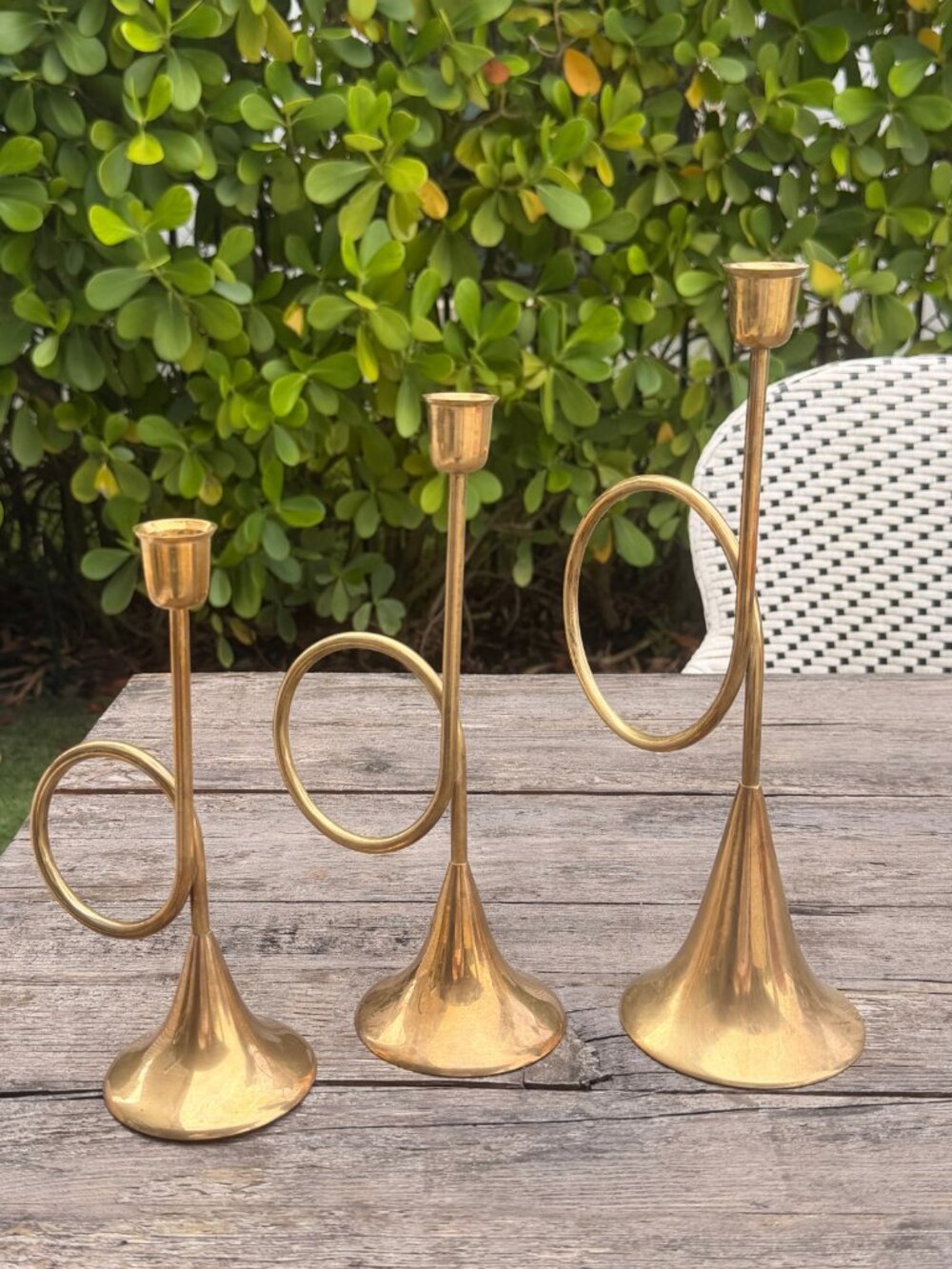 Vintage Set of 3 Brass French Horn Taper Candle Holders Candlesticks Graduating